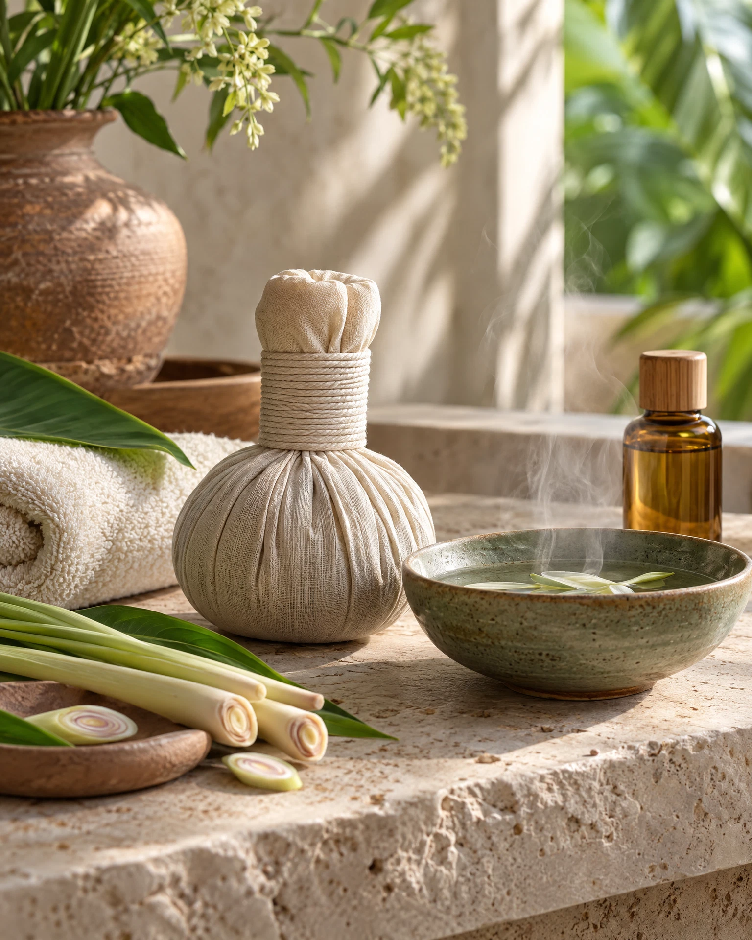 Warm botanicals and a folded towel arranged for a spa ritual