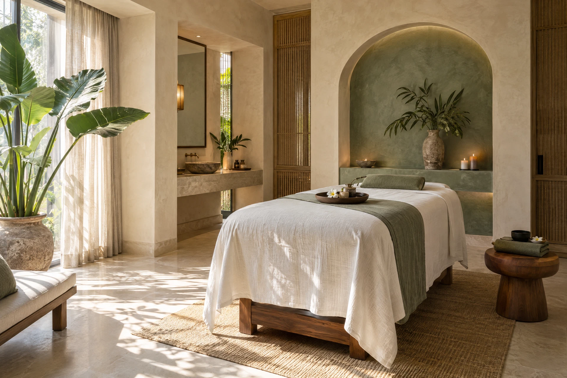 A bright spa retreat with natural textures and a calm botanical touch