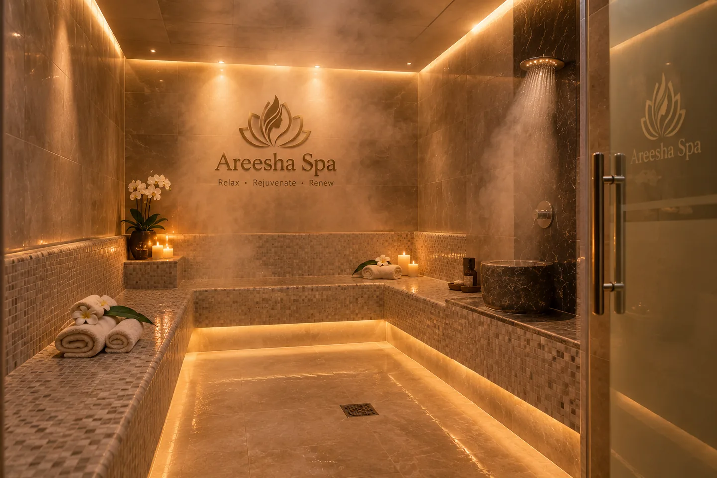 A spacious wellness room with gentle ambient light