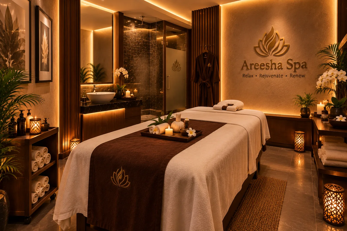 A spa treatment room with warm lighting and a prepared massage table