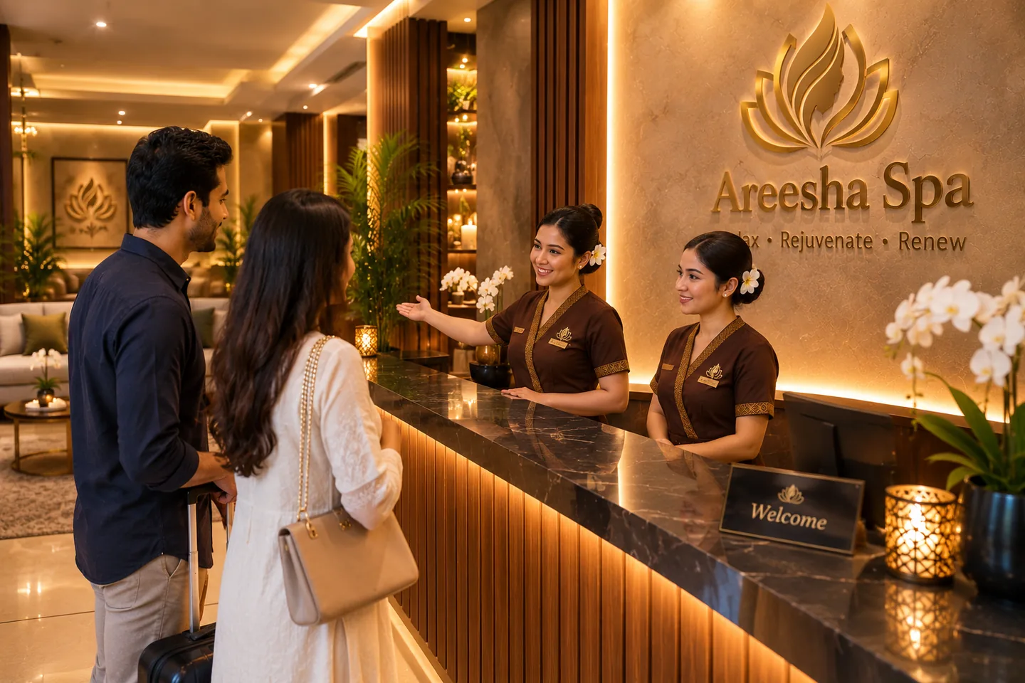 A guest being welcomed at the spa reception