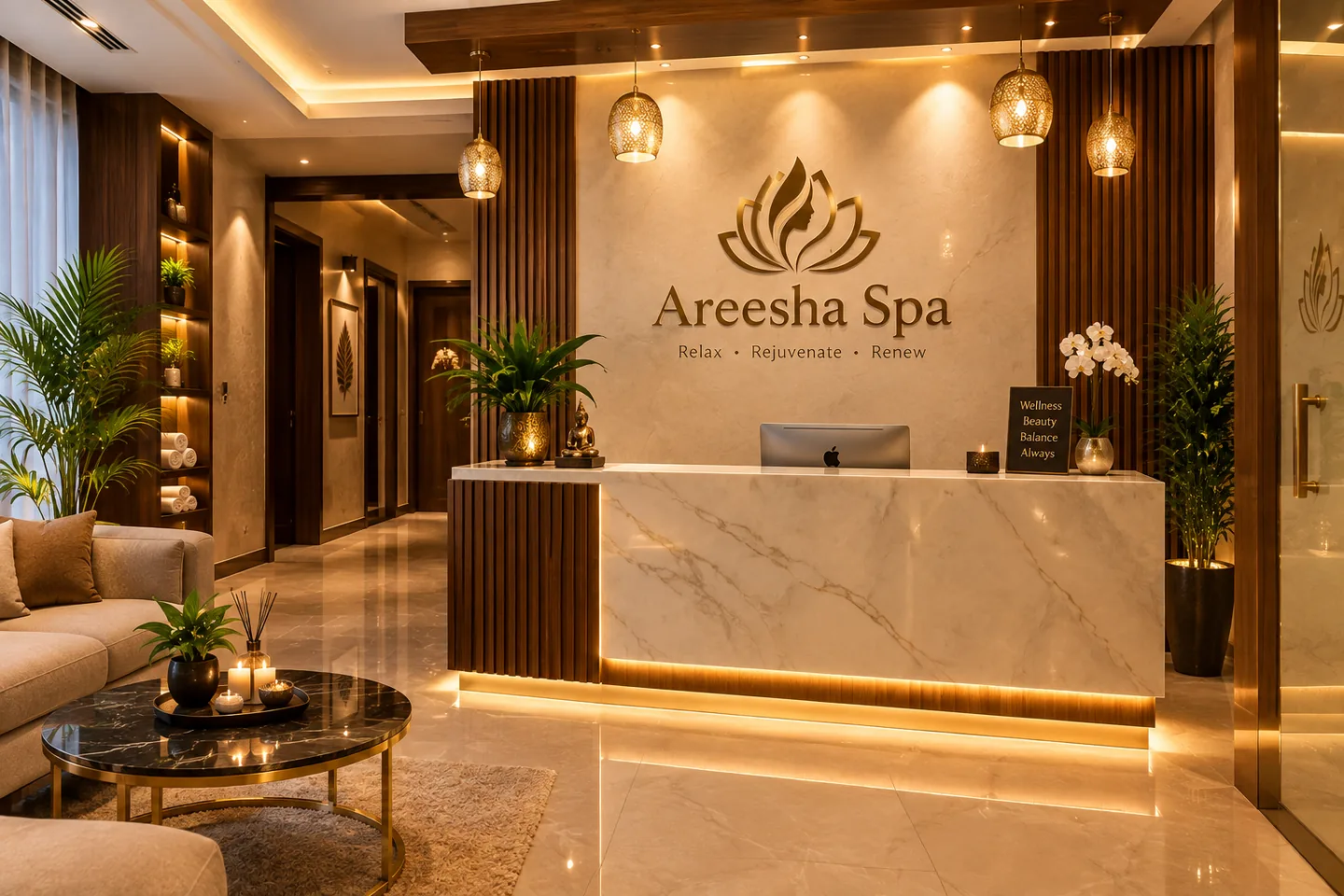 A clean reception and lounge area inside a spa